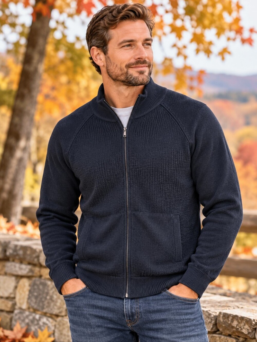 Lands End Mens Full Zip Oeko-Tex Cotton Modal Knit Sweater Size Medium Navy EUC